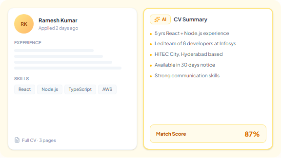 AI CV summary showing candidate profile with skills, experience bullet points, and 87% match score