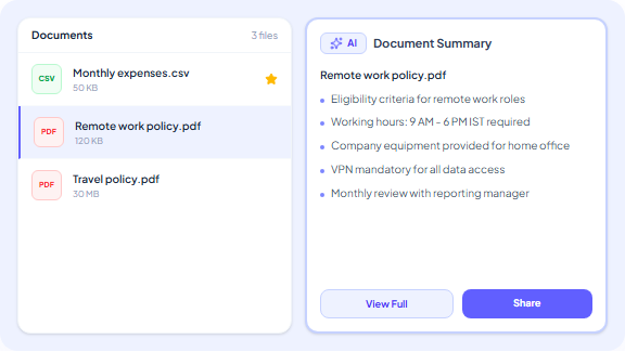AI document summary tool showing file list with remote work policy PDF selected and key points extracted