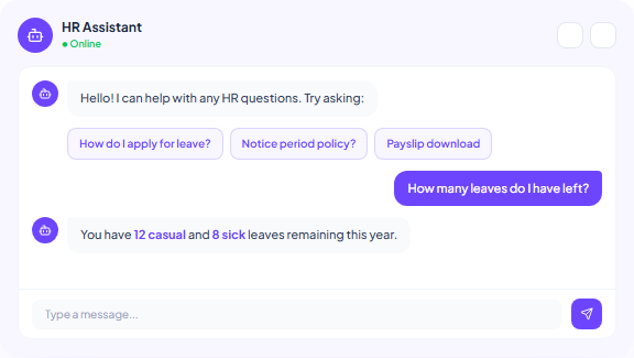 AI HR Assistant chatbot interface showing leave balance query and instant response