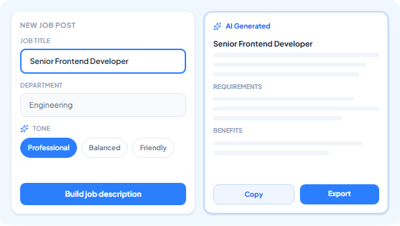AI job description generator with form input and AI-generated output for Senior Frontend Developer