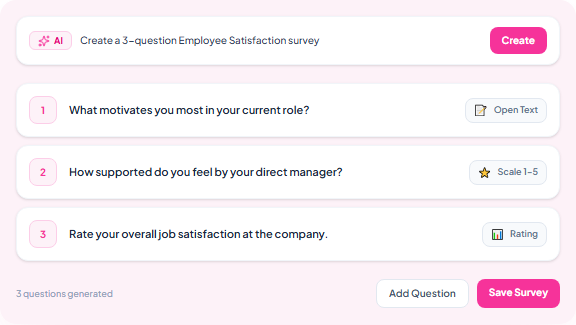AI smart survey builder generating 3 employee satisfaction questions with different response types