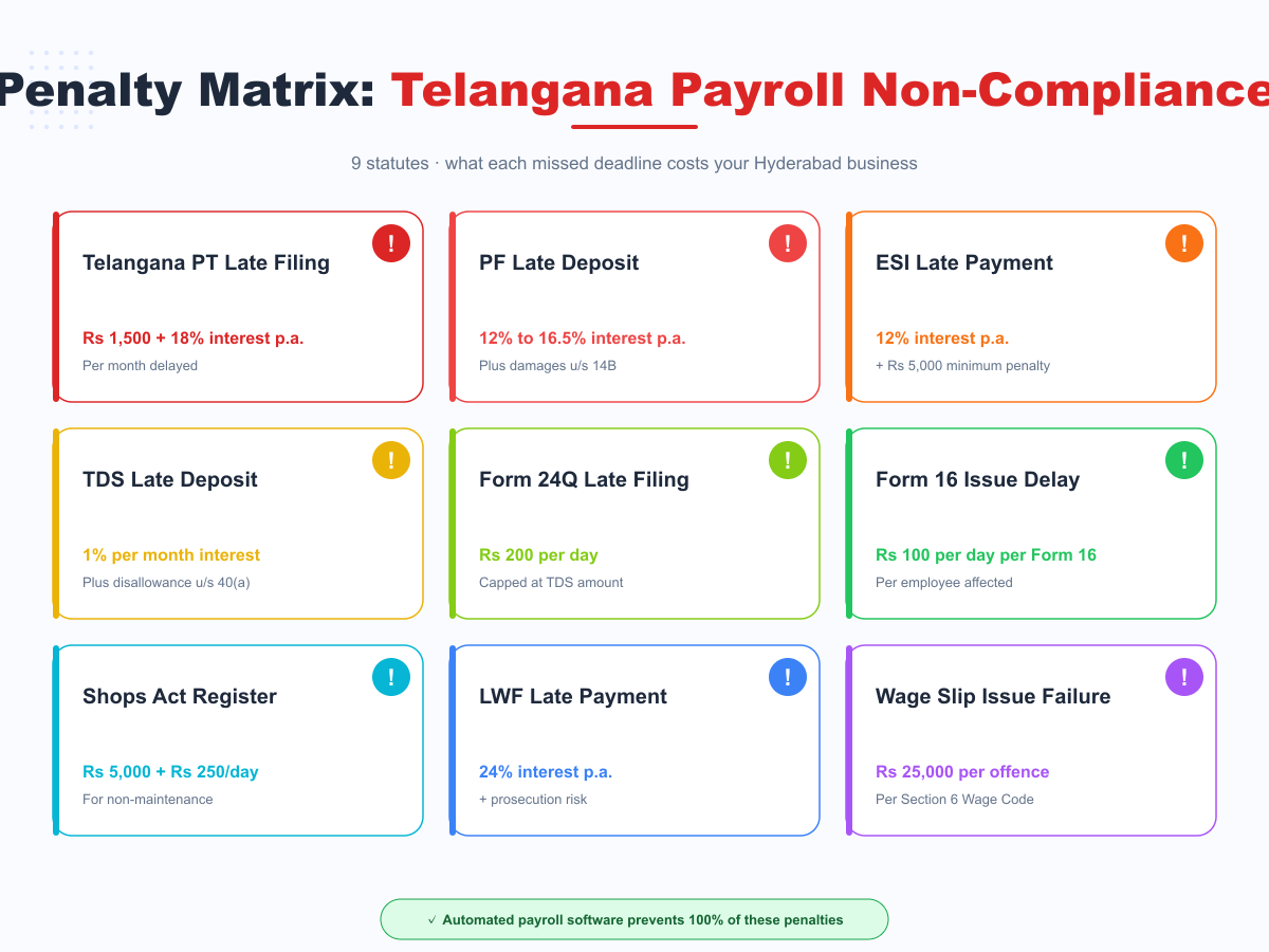 Telangana payroll non-compliance penalty matrix — 9 statutes and their fines