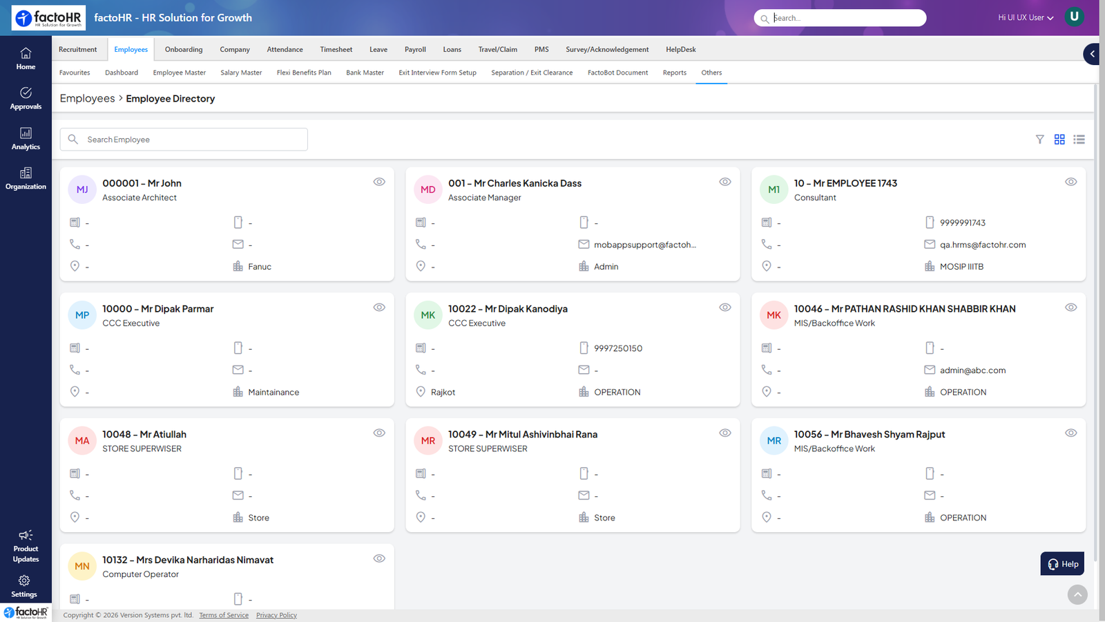 factoHR Employees Directory dashboard showing employee profiles, headcount, and reporting structure