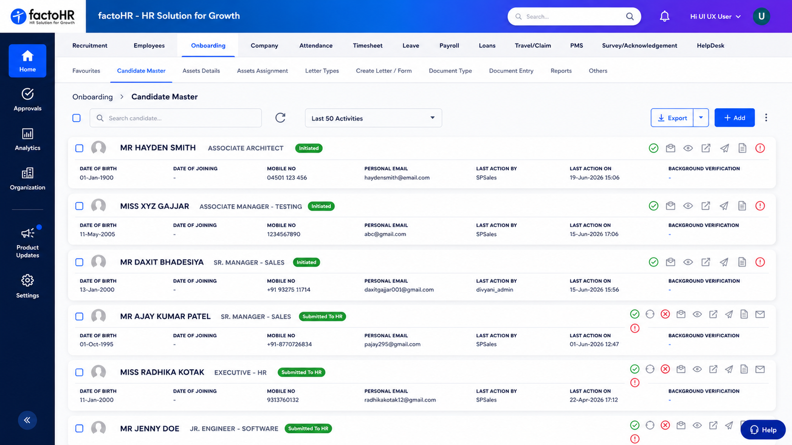 factoHR Hiring and Onboarding pipeline with Sourced, Screening, Interview, Offer, Hired stages