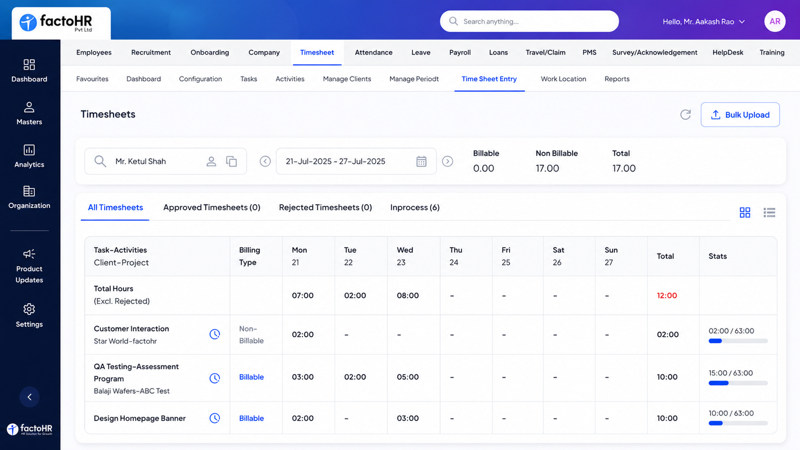 factoHR Timesheets dashboard showing project hours, billable margin, and approvals