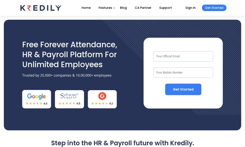Kredily homepage screenshot, Best Free Forever HR + Payroll